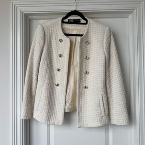 Zara Cream Tweed Jacket Gold Buttons | Chanel/Parisian Style Blazer | XL